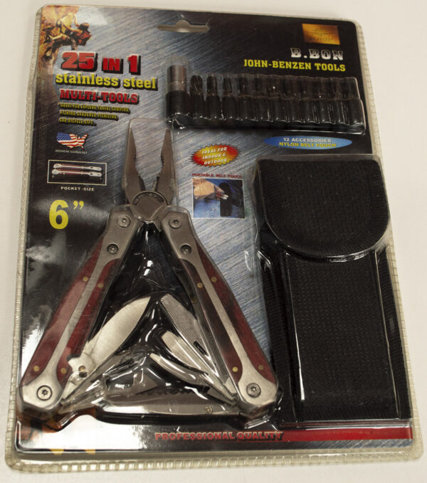 Stainless steel multi functional pocket tool: 6" needlenose pliers with other functions and a screwdriver set. 25 in 1