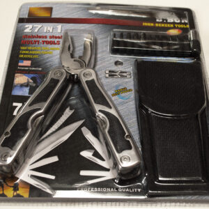 Stainless steel multi functional pocket tool: 7" needlenose pliers with other functions and a screwdriver set. 27 in 1