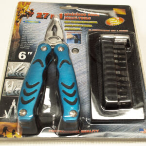 Stainless steel multi functional pocket tool: 6" needle nose pliers with other functions and a screwdriver set. 27 in 1
