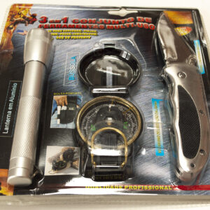 Multi functional pocket tool set: Stainless steel pocket knife, compass and small torch