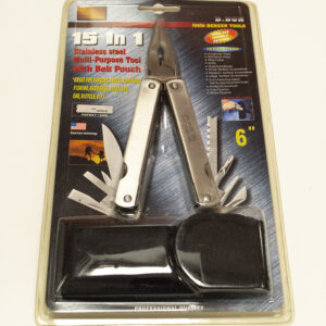 Stainless steel multi functional pocket tool: 6" longnose pliers with other functions. 15 in 1
