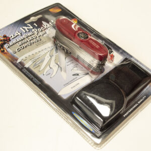 Stainless steel multi functional pocket knife with LED light, compass and more functions. 24 in 1