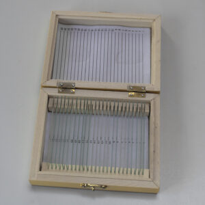 Wooden microscope slide box with 25 blank thin glass slides