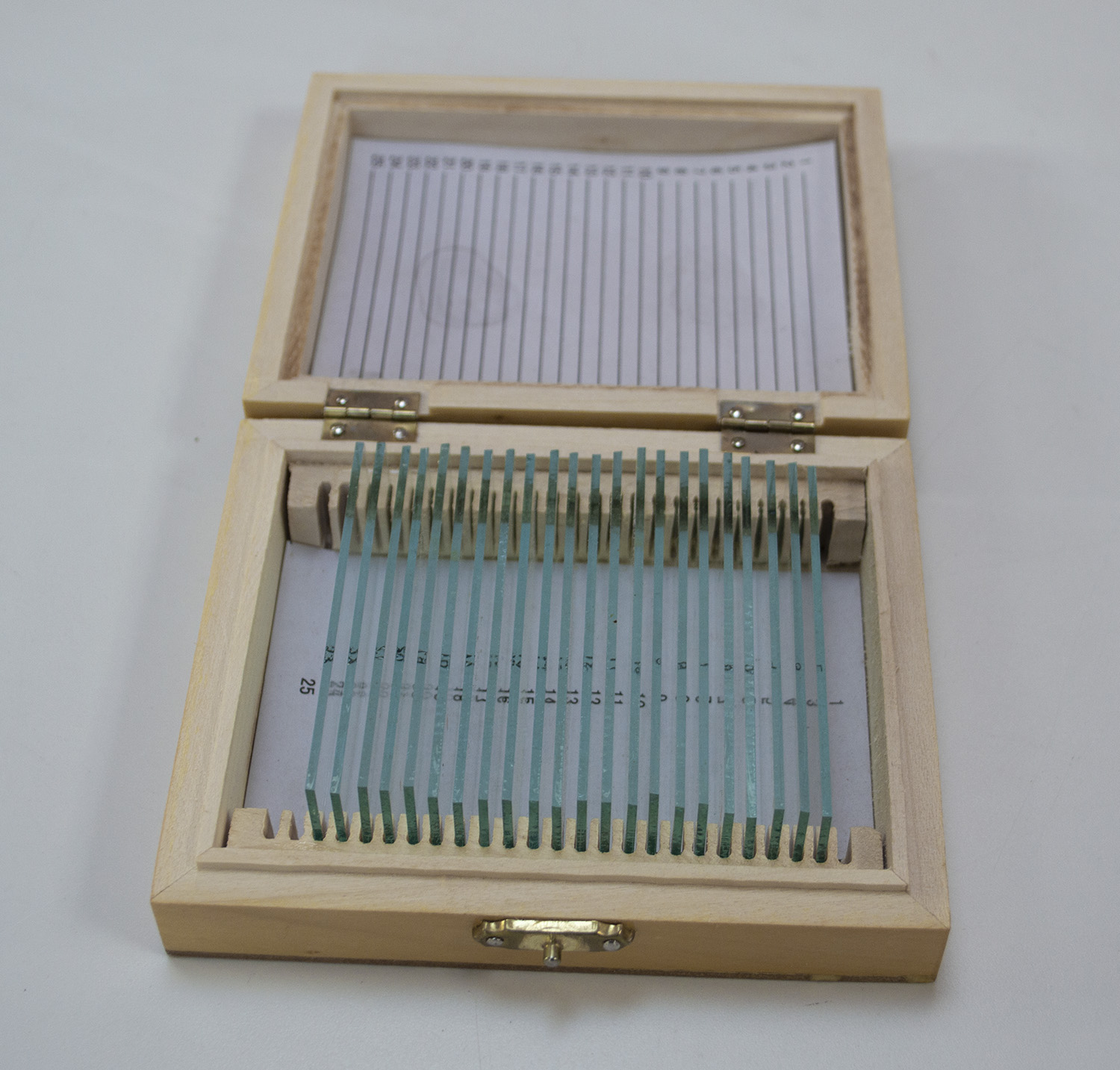 Wooden microscope slide box with 22 blank thick glass slides