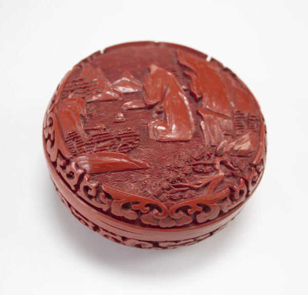 Vintage hand carved cinnabar lacquer circular box