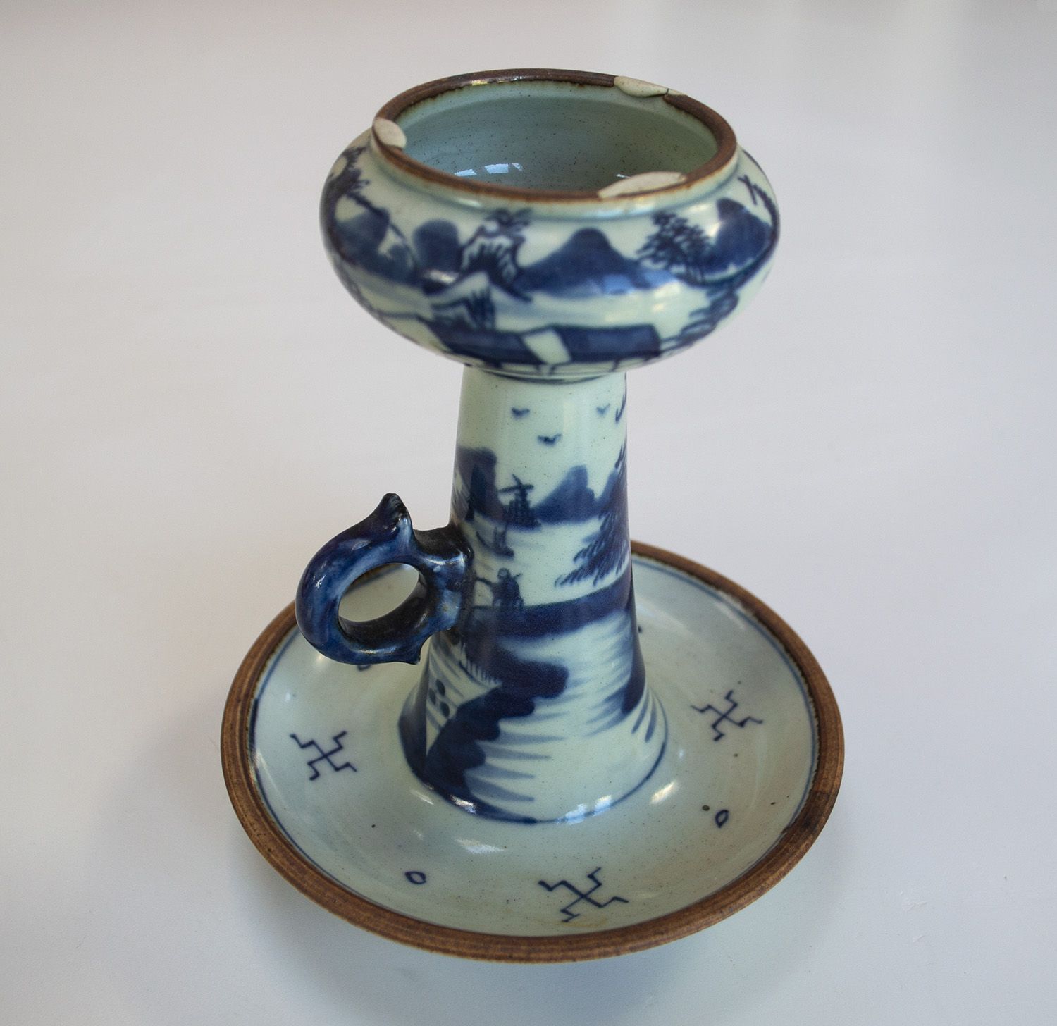 Antique Chinese Blue and White Porcelain Oil Lamp - Hand-Painted Scenic Design - Image 2