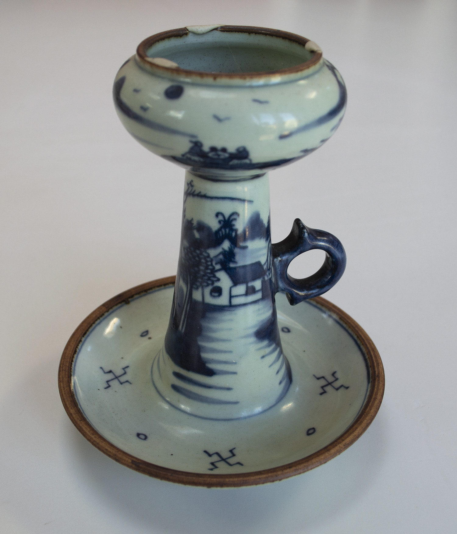 Antique Chinese Blue and White Porcelain Oil Lamp - Hand-Painted Scenic Design - Image 4