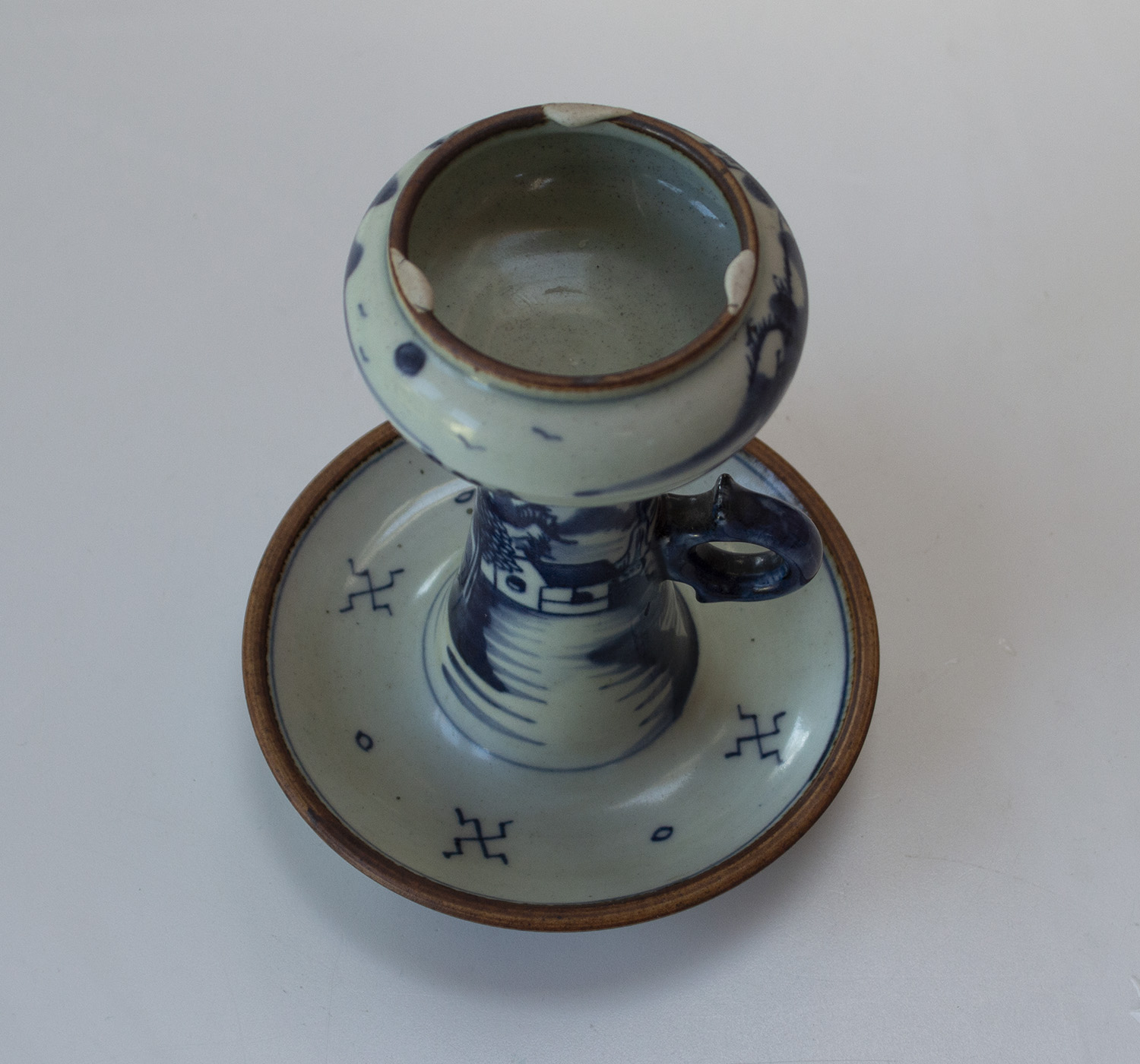 Antique Chinese Blue and White Porcelain Oil Lamp - Hand-Painted Scenic Design - Image 7