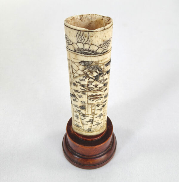Antique Carved Bone / Ivory Brush Holder with Wooden Base