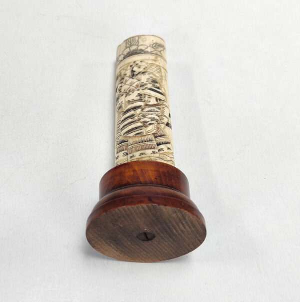 Antique Carved Bone / Ivory Brush Holder with Wooden Base. 16cm / 6.3" High - Image 5