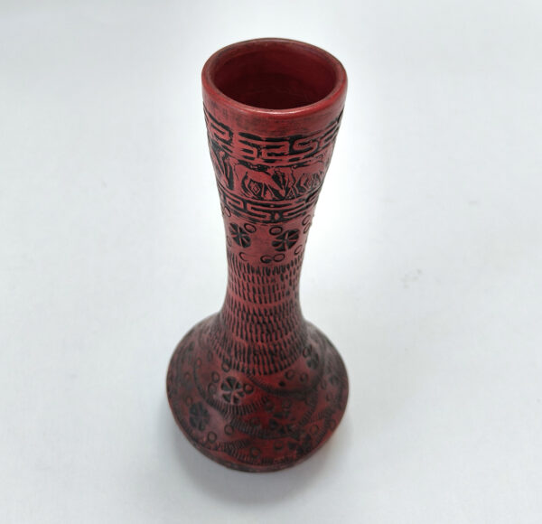 Vintage Hand-Carved Ceramic Vase - Red Floral, Geometric and Animal Pattern - Image 3