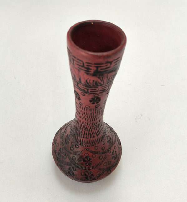Vintage Hand-Carved Ceramic Vase - Red Floral, Geometric and Animal Pattern - Image 4