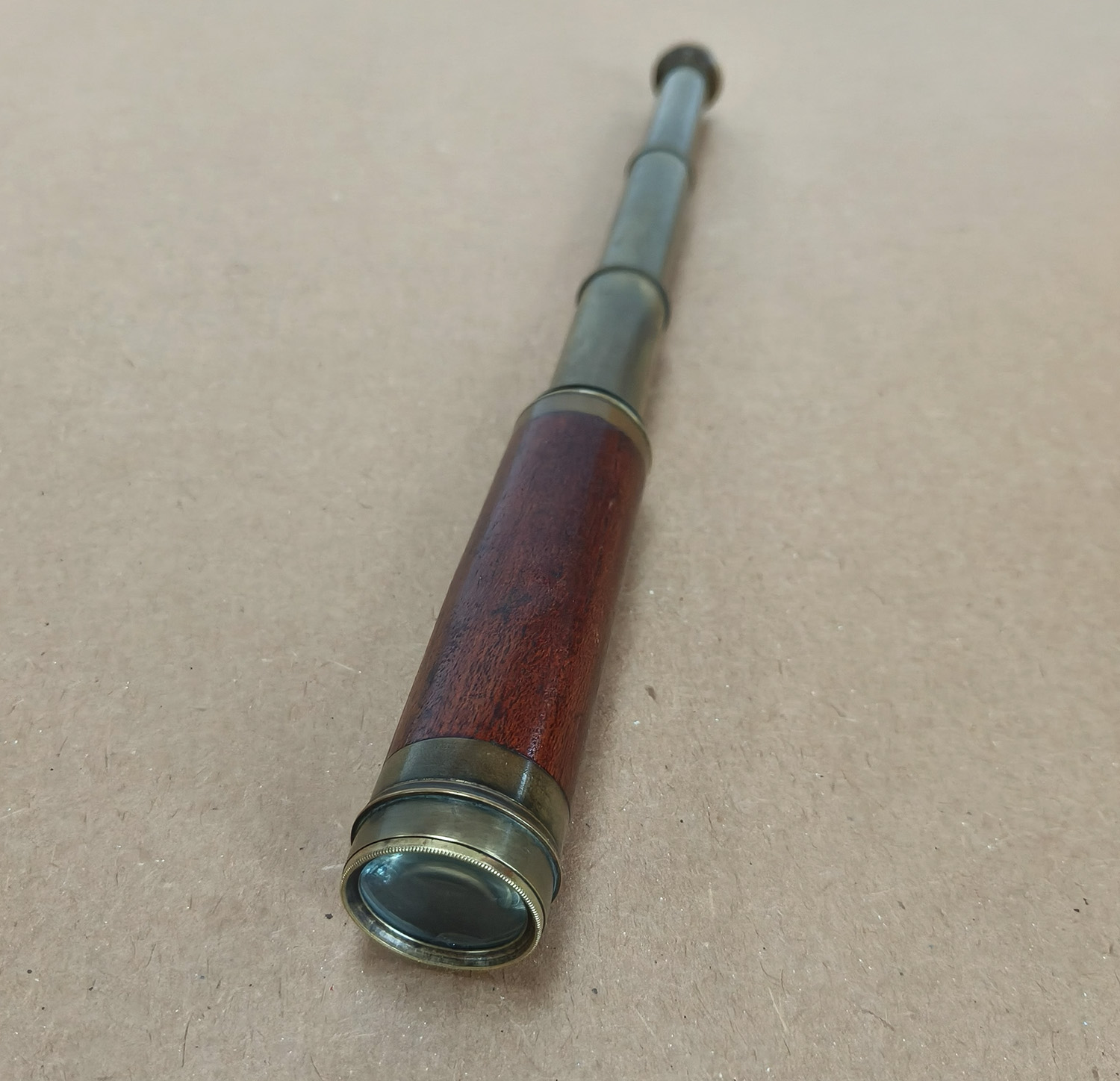 Vintage 3-Draw Brass & Wood Pocket Telescope