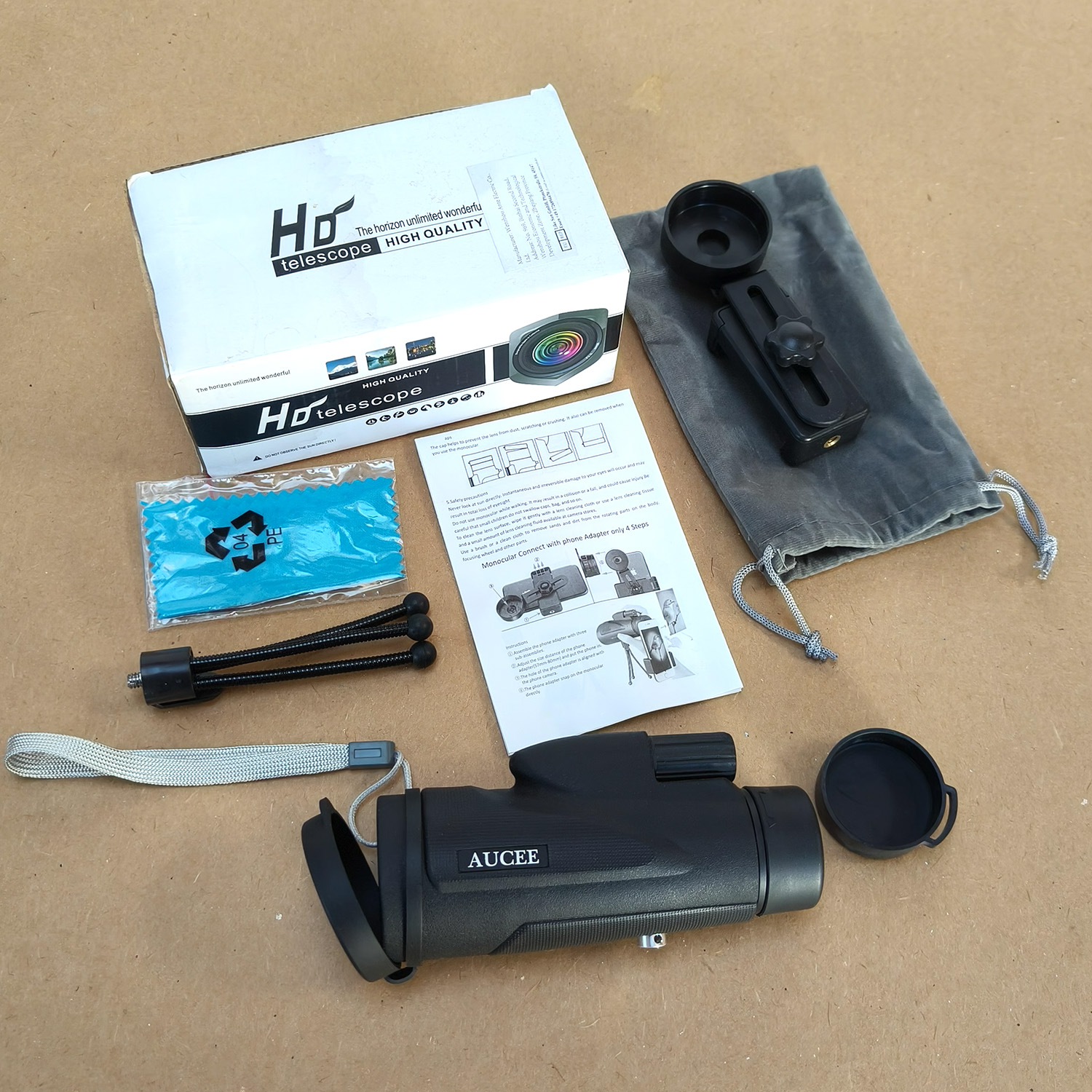 HD 12x50 Monocular Telescope with Mini Tripod & Mobile Phone Adapter