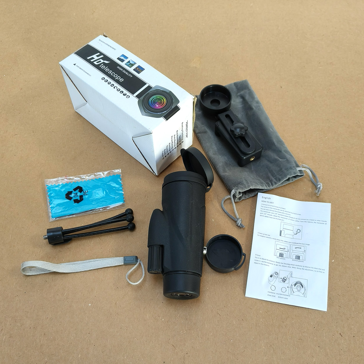 HD 12x50 Monocular Telescope with Mini Tripod & Mobile Phone Adapter