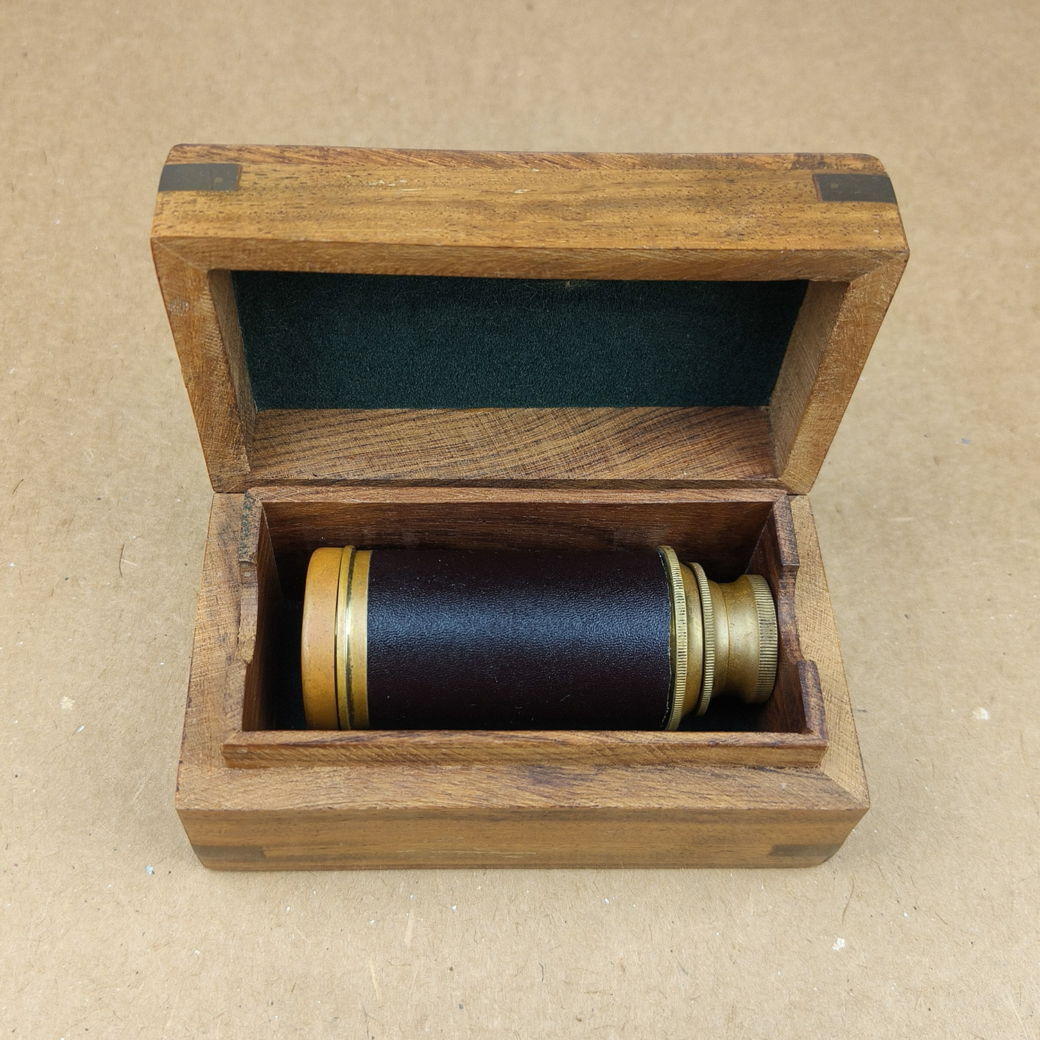 Vintage 2-Draw Brass Pocket Telescope Spyglass + Wooden Anchor Box