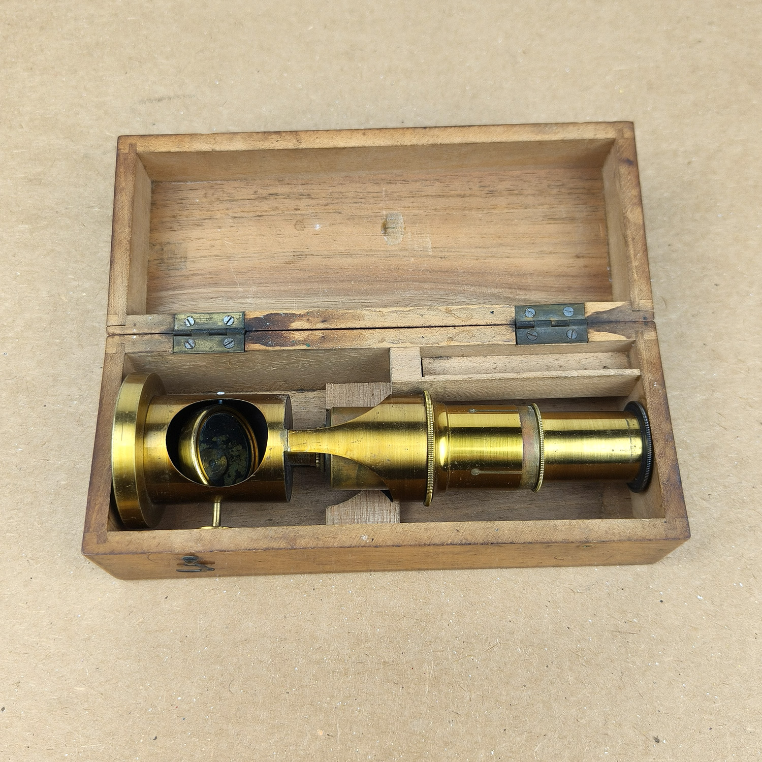 Antique Compact Brass Microscope (Simple Field Type) with Original Wooden Case