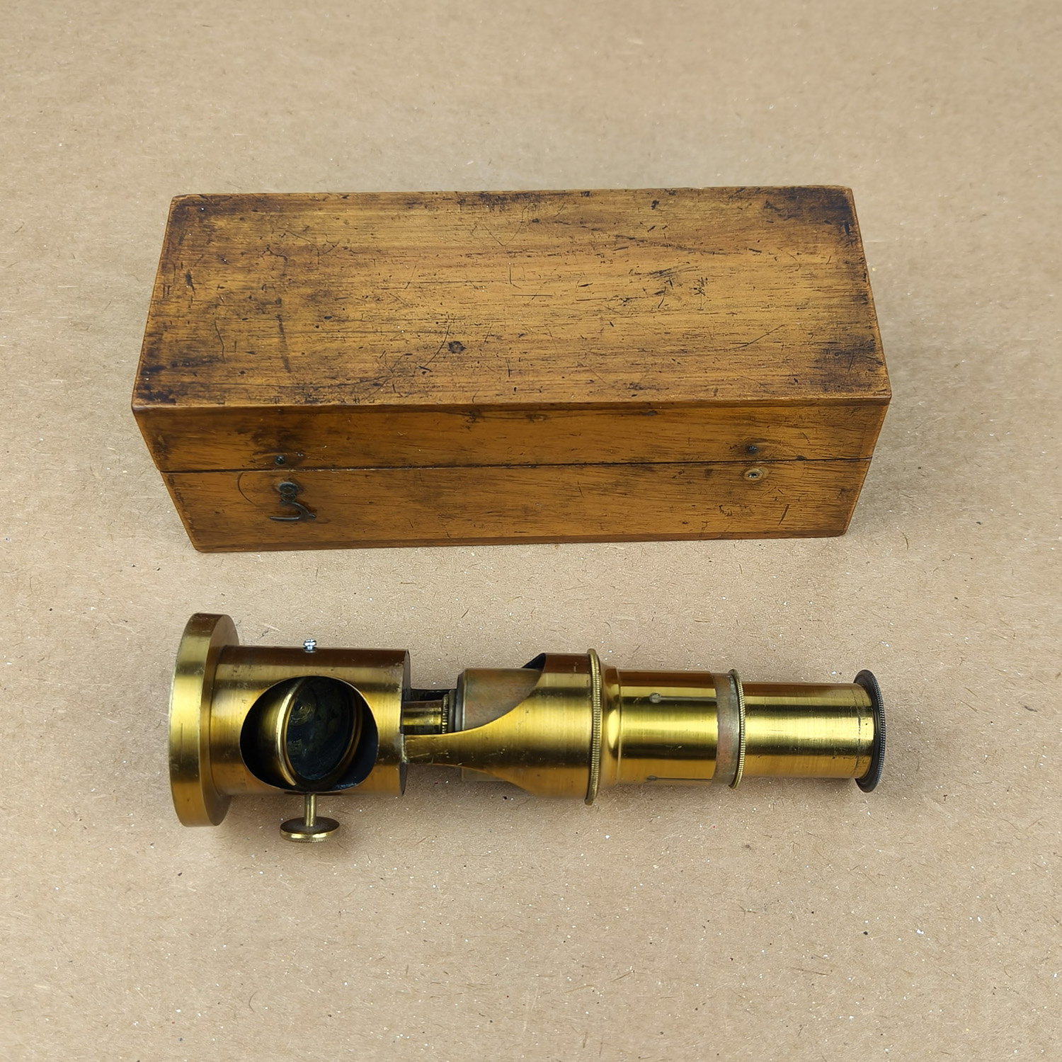 Antique Compact Brass Microscope (Simple Field Type) with Original Wooden Case