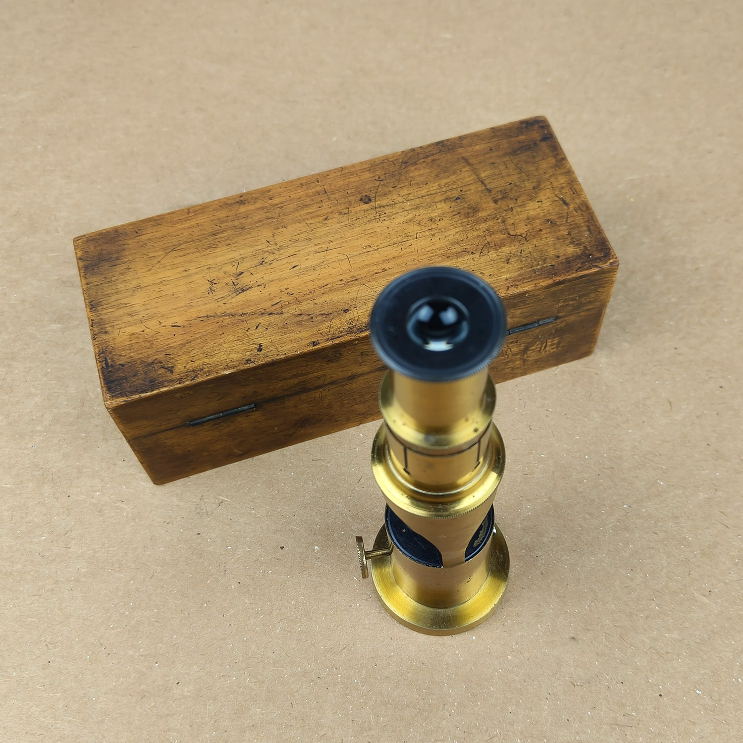 Antique Compact Brass Microscope (Simple Field Type) with Original Wooden Case