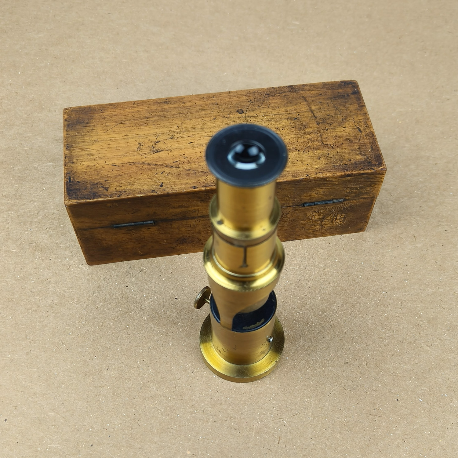 Antique Compact Brass Microscope (Simple Field Type) with Original Wooden Case