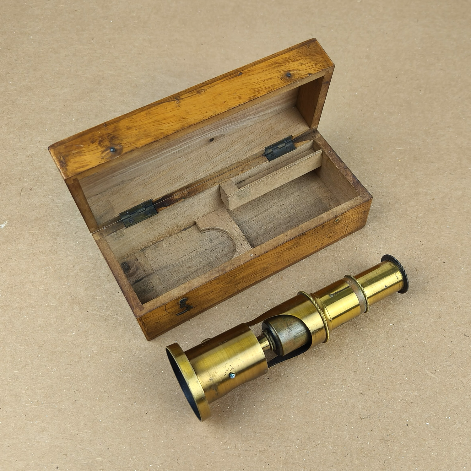 Antique Compact Brass Microscope (Simple Field Type) with Original Wooden Case